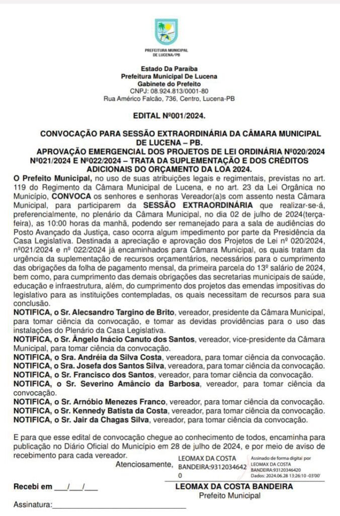 Prefeito Léo Bandeira Convoca Vereadores De Lucena Para Sessão Extraordinária Da Câmara Municipal, Na Terça Feira, Dia 2